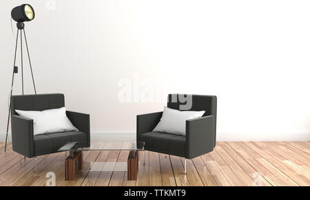 Wohnzimmer zwei Stühle und Tisch Glas. An der Wand leer. 3D rednering Stockfoto