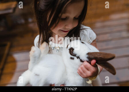 Hohe Betrachtungswinkel von cute girl Holding Kaninchen Stockfoto