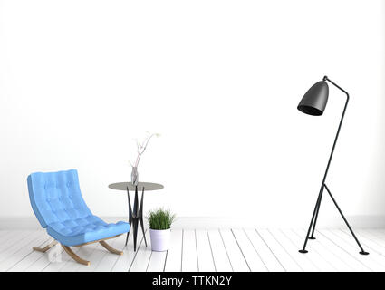 Modernes Wohnzimmer Innenraum mit blauen Sofa Lampe und Pflanzen auf Glas Tisch auf leere blaue Wand Hintergrund. 3D-Rendering Stockfoto