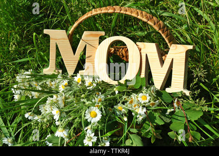 Wort Mama aus Holz Buchstaben in den Korb mit Blumenstrauß aus Daisy Flowers Stockfoto