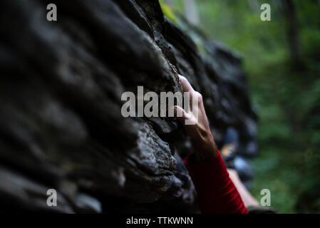 In der Nähe von 7/8 Hand greifen auf Rock beim Bouldern im Wald Stockfoto