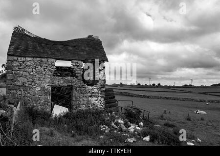 Alte Verfallene und verlassene Scheune Gebäude in einem Feld in der Nähe von carsington Windpark.. Großbritannien England Derbyshire. Stockfoto