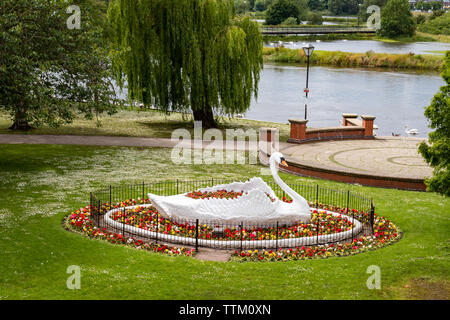 Die kultigen 50er Jahre Zierpflanzen Giant White Swan Statue an stapenhill Gärten am Ufer des Flusses Trent in Burton Upon Trent. Staffordshire. England.DE Stockfoto