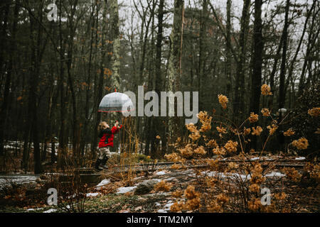 Seitenansicht des Jungen mit Regenschirm spielen in den Wald im Winter Stockfoto