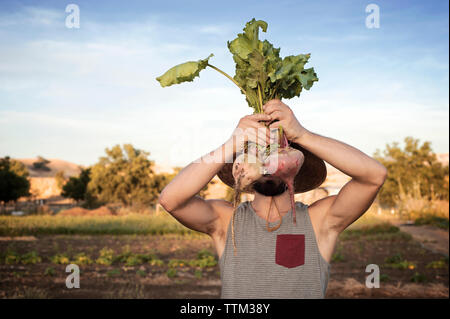 Männliche Bauer Holding frisch geernteten Rüben vor Gesicht in das Feld Stockfoto