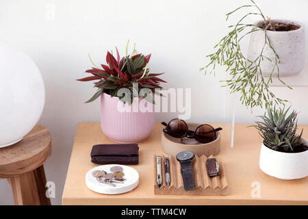 Hohe Betrachtungswinkel von persönlichen Accessoires mit Pflanzen auf hölzernen Tisch gegen die Wand zu Hause angeordnet Stockfoto