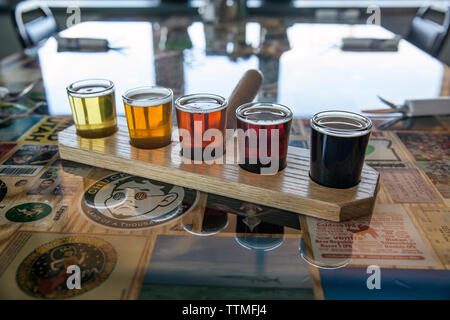 USA, Oregon, Ashland, eine Probe der Biere gebraut in der Caldera Brauerei und Restaurant mit Rasenmäher Lagerbier, trocken, trocken hop hop orange rot, doup Stockfoto