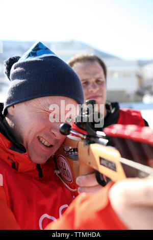 USA, Utah, Midway, Soldier Hollow, lernen, wie Biathlon, Sichtung im Ziel Stockfoto