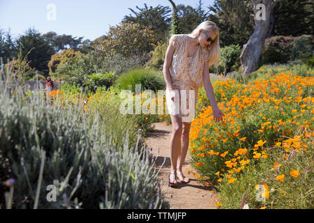 USA, Kalifornien, Big Sur, Esalen, eine Frau kommt herein und genießt die Blumen in den Buddha Garten Stockfoto