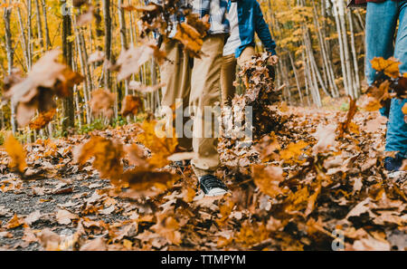 Untere Partie des Jungen zu Fuß über trockene Blätter auf Wanderweg im Wald Stockfoto