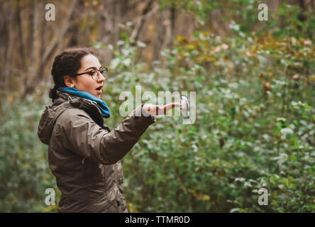 Aufgeregt Mädchen Fütterung weiße breasted Kleiber im Wald Stockfoto