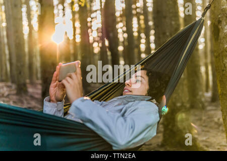 Frau mit Handy beim Lügen auf Hängematte im Wald bei Sonnenuntergang Stockfoto