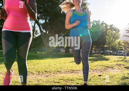 Untere Partie der weiblichen Freunde, Joggen auf Wiese gegen Bäume im Park während der sonnigen Tag Stockfoto