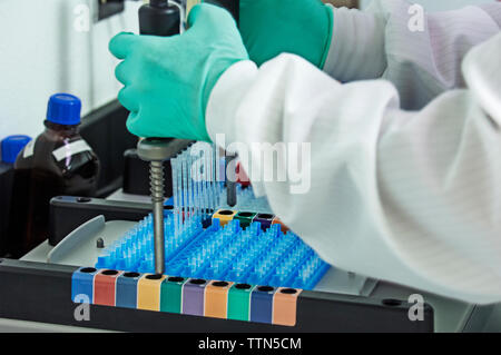 Zugeschnittenes Bild des Wissenschaftlers pipettieren Probe aus der Maschine in Reagenzgläser Stockfoto