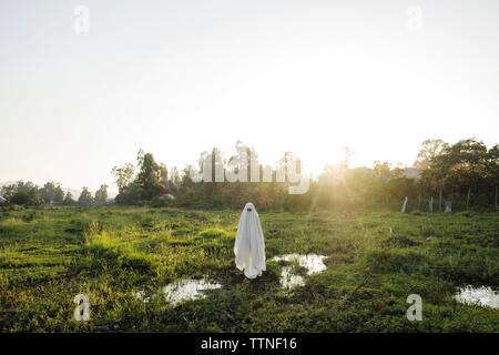 Mann in Ghost Kostüm stehen auf Wiese gegen den klaren Himmel bei Sonnenuntergang Stockfoto