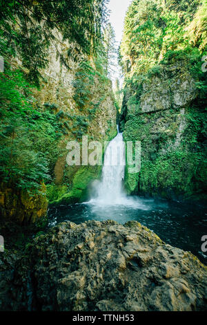 Malerischer Blick auf den Wasserfall inmitten Wald Stockfoto