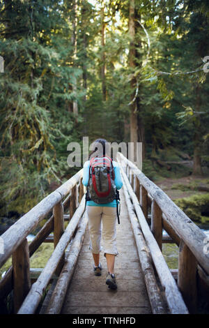 Junge Frau auf Holzbrücke Stockfoto