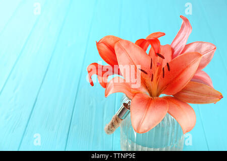 Schöne Lilien im Glas auf Blau Holz- Hintergrund Stockfoto