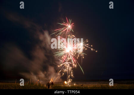 Low Angle Aussicht auf das Feuerwerk am Strand gegen Himmel bei Nacht Stockfoto