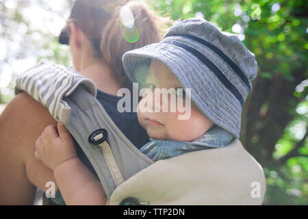 Porträt des Sohnes durch die Mutter in der Babyschale im Wald durchgeführt werden Stockfoto