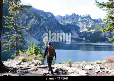 Ansicht der Rückseite des Wanderer und Hund am Ufer durch Schnee See Stockfoto