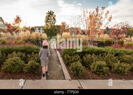 Ansicht der Rückseite des Mädchen wandern inmitten von Pflanzen auf Wanderweg in Stadt