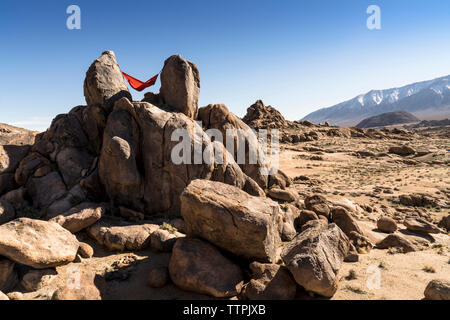 Frau entspannen auf der Hängematte gegen den klaren blauen Himmel Stockfoto