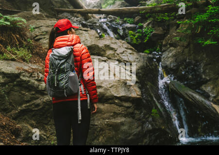 Ansicht der Rückseite Frau mit Rucksack, per Stream im Wald Stockfoto