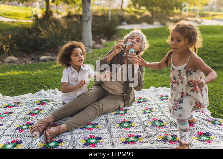 Großmutter Seifenblasen beim Spielen mit Enkelkindern auf der Picknickdecke im Park Stockfoto