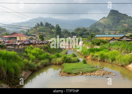 Panoramablick von Vieh Handel, Bac Ha, Lao Cai Provinz, Vietnam, Asien, Stockfoto