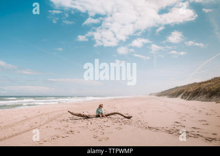 Kleinkind sitzt auf Treibholz am Strand Stockfoto