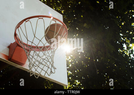 Low Angle View von Basketball in Hoop Stockfoto
