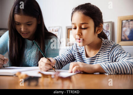 Schwestern studieren während am Tisch sitzen Stockfoto