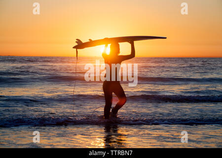 Silhouette weibliche Surfer, Surfbrett und stehen am Ufer gegen Himmel bei Sonnenuntergang Stockfoto