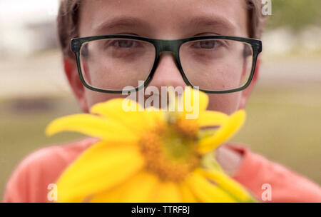 Close-up Portrait von Junge mit Blume Brille tragen im Park Stockfoto