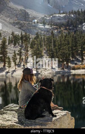 Seitenansicht der Frau mit Hund sitzen auf Rock am See während der sonnigen Tag Stockfoto