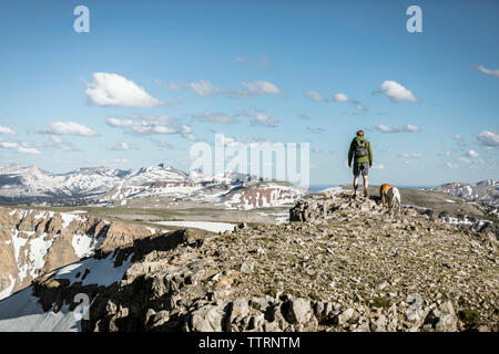 Ansicht der Rückseite des männlichen Wanderer mit Hunden stehen auf Berg gegen den blauen Himmel während der sonnigen Tag Stockfoto