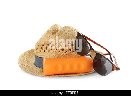 Sonnenschutz Zubehör, isoliert auf weißem Stockfoto