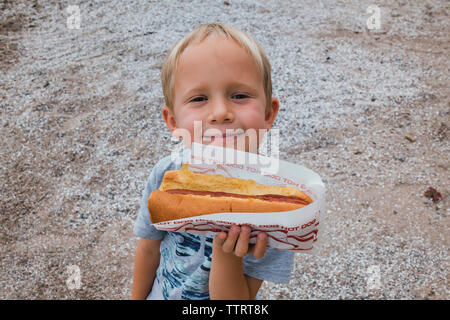 Hohen winkel Portrait von Boy holding Hot Dog in das Feld Stockfoto