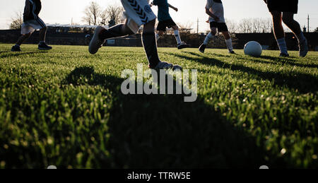 Niedrige Abschnitt des Menschen Fußball spielen mit Kindern auf der Wiese im Park bei Sonnenuntergang Stockfoto