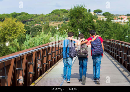 Ansicht der Rückseite des Freunde mit Arme um zu Fuß auf Steg während der sonnigen Tag Stockfoto