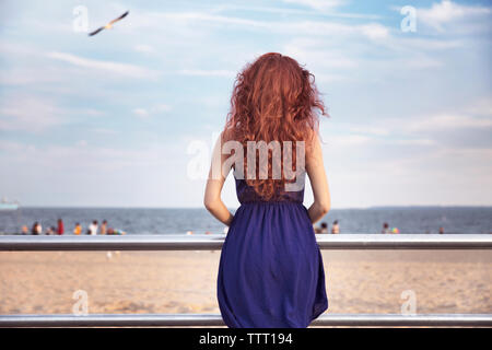 Rückansicht der jungen Frau, die durch Geländer gegen Sky Stockfoto