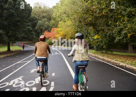 Ansicht der Rückseite des glücklichen Paares Reiten Fahrrad auf der Straße am Park Stockfoto