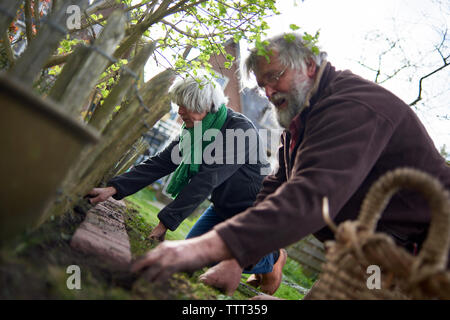 Senior paar Anordnen von Ziegeln durch Zaun bei der Gartenarbeit im Hinterhof Stockfoto
