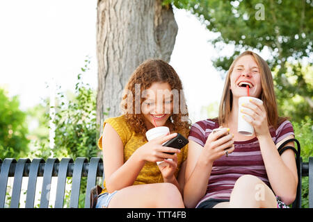 Fröhliche Freunde holding Einwegbecher und Handy, während im Park sitzen Stockfoto