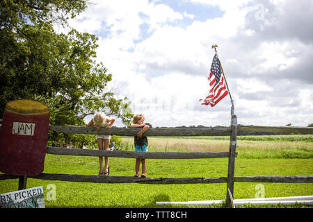 Schwestern hängen an Holzzaun in der Landschaft mit amerikanischer Flagge Stockfoto