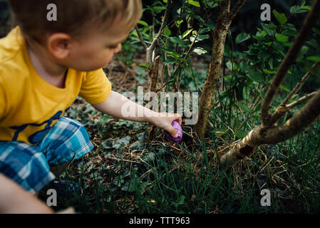 Little Boy suchen Ostereier im Frühjahr auf einer Ostereiersuche Stockfoto
