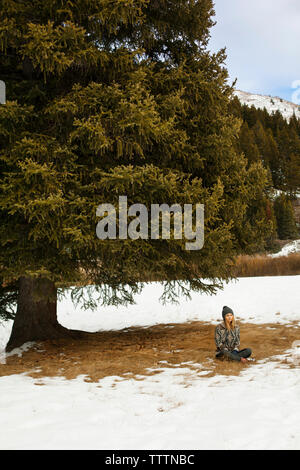 Frau sitzt auf Schnee unter Baum Stockfoto