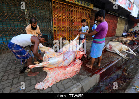 Tiere in der Straße für die größten muslimischen Fest Eid-ul-Azha auch als der Eid des Opfers bei Dhaka, Bangladesch bekannt geschlachtet. Stockfoto