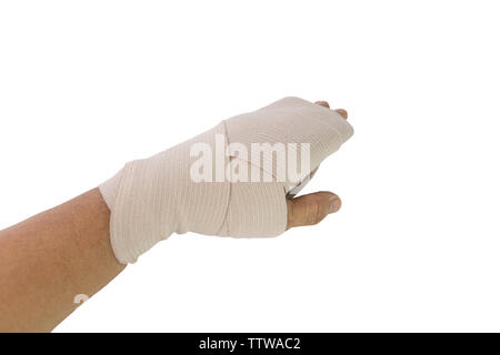 Mann Anwendung Kompressionsverband für Handgelenk bandage de tragen wegen der entzündeten Handgelenk sehnen weißen Hintergrund isolieren. Stockfoto